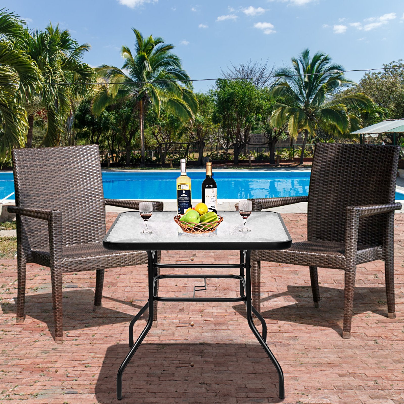 Terrassentisch Rechteckiger Kaffeetisch mit Tischplatte Bistrotisch Gartentisch Glastisch Schwarz
