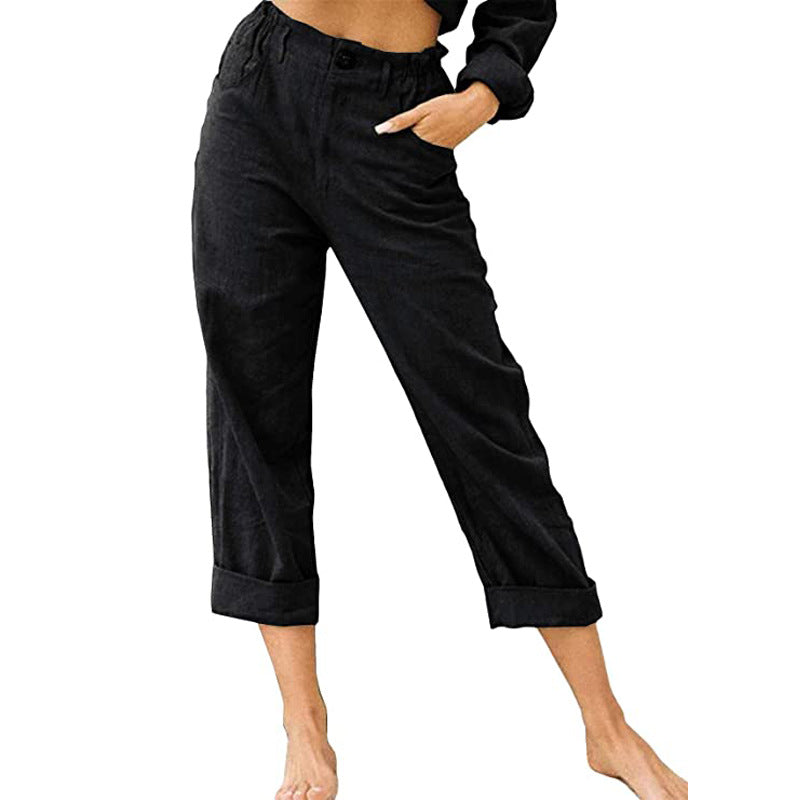 Patchwork-Hose für Damen, Baumwolle, Leinen, Kordelzug hinten, elastische Taille, lockere Freizeithose