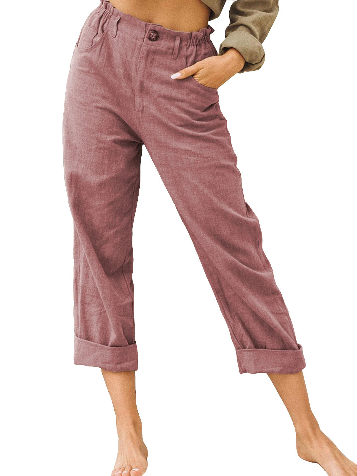 Patchwork-Hose für Damen, Baumwolle, Leinen, Kordelzug hinten, elastische Taille, lockere Freizeithose