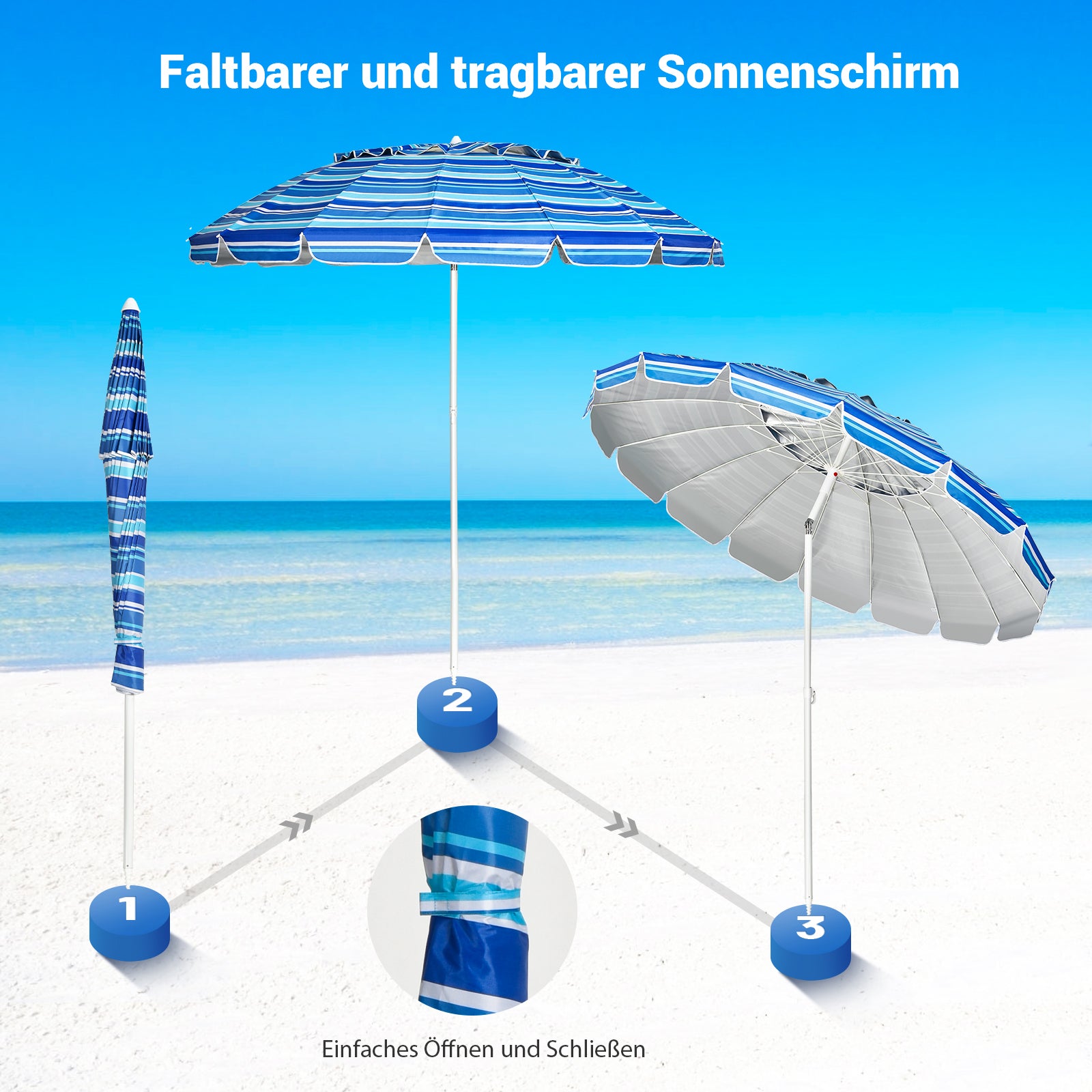 243 cm Strand-Sonnenschirm Outdoor-Sonnenschirm Strandschirm Alu neigbar Terrassenschirm -Dunkelblau