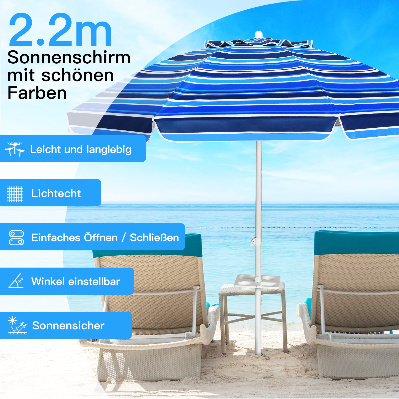2,2 M Strandschirm UPF50 + Sonnenschutz Tragbarer Sonnenschirm Terrassenschirm-Dunkelblau