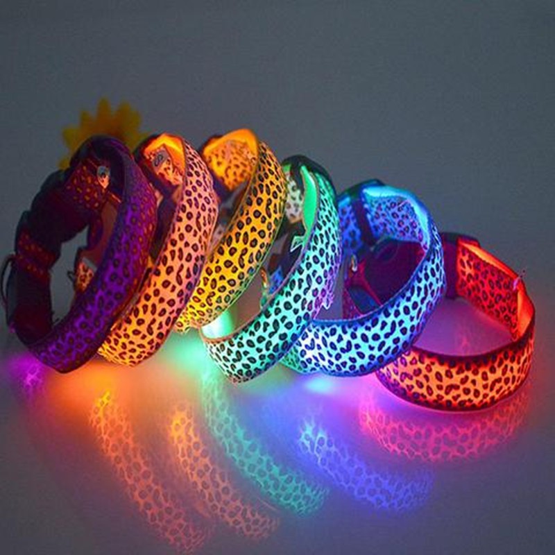 LED-Hundehalsband, sicher, verstellbares Nylon-Leoparden-Haustierhalsband