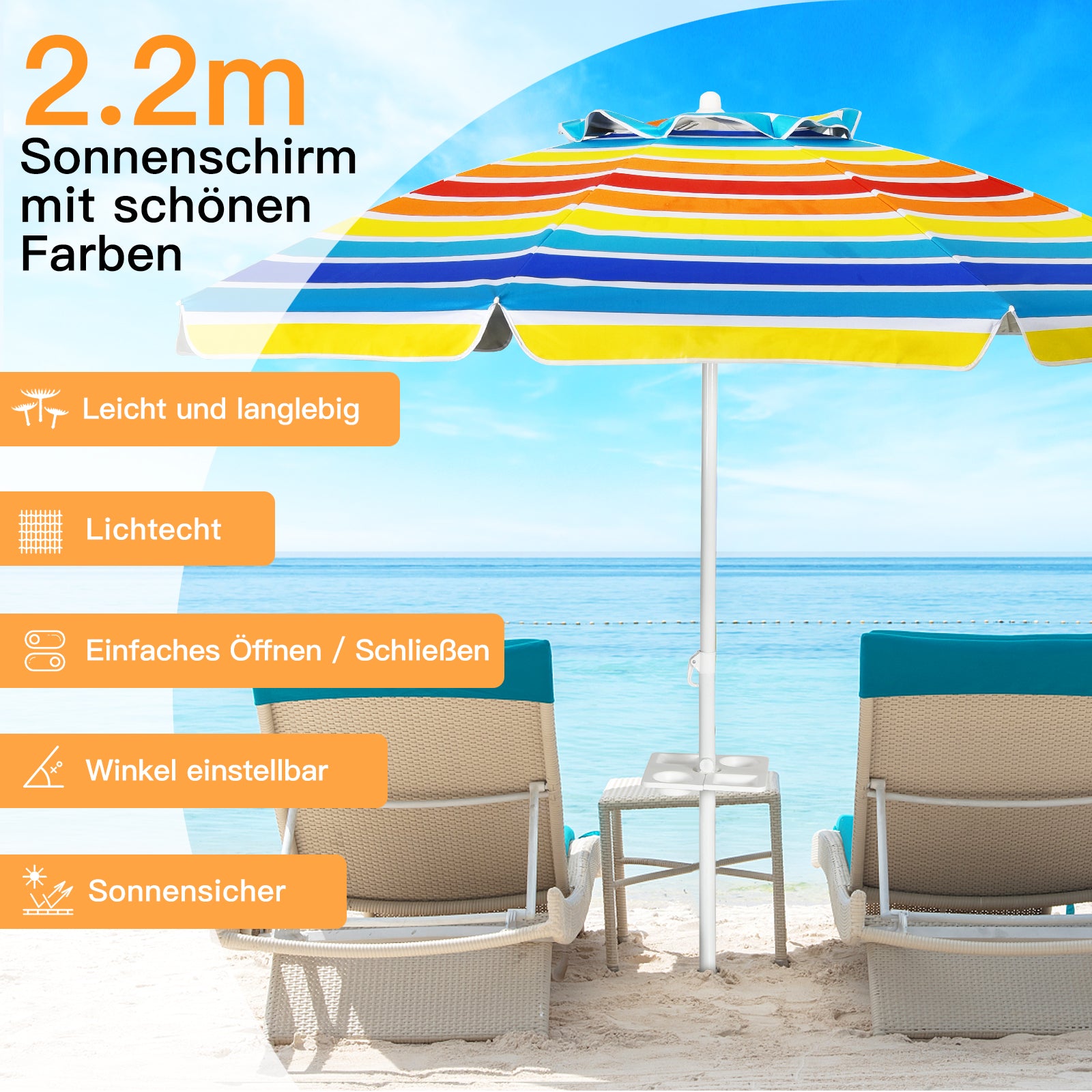 2,2 M Strandschirm UPF50 + Sonnenschutz Tragbarer Sonnenschirm Terrassenschirm-Bunt