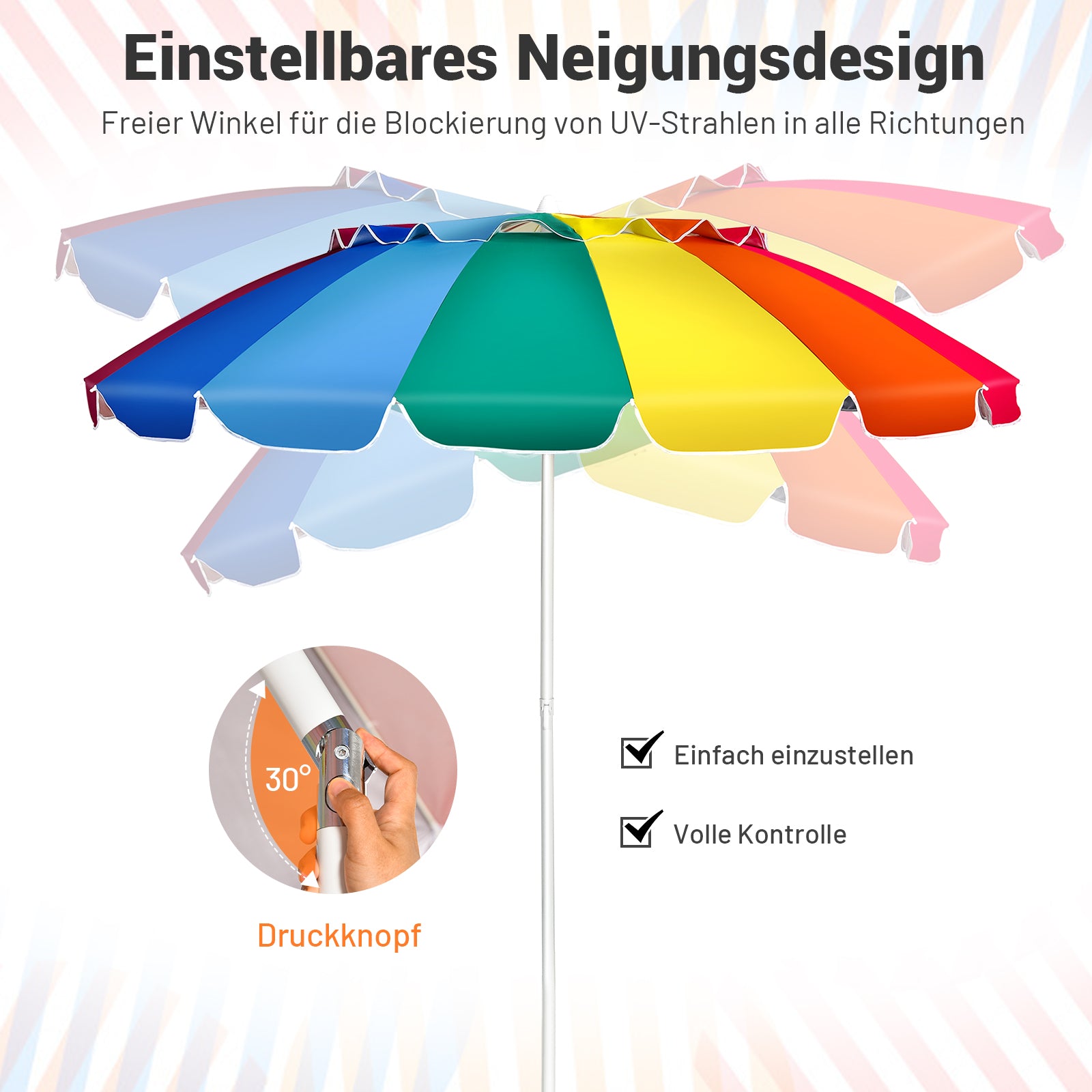 243cm Strand-Sonnenschirm Outdoor-Sonnenschirm Strandschirm Alu neigbar Terrassenschirm -Bunt