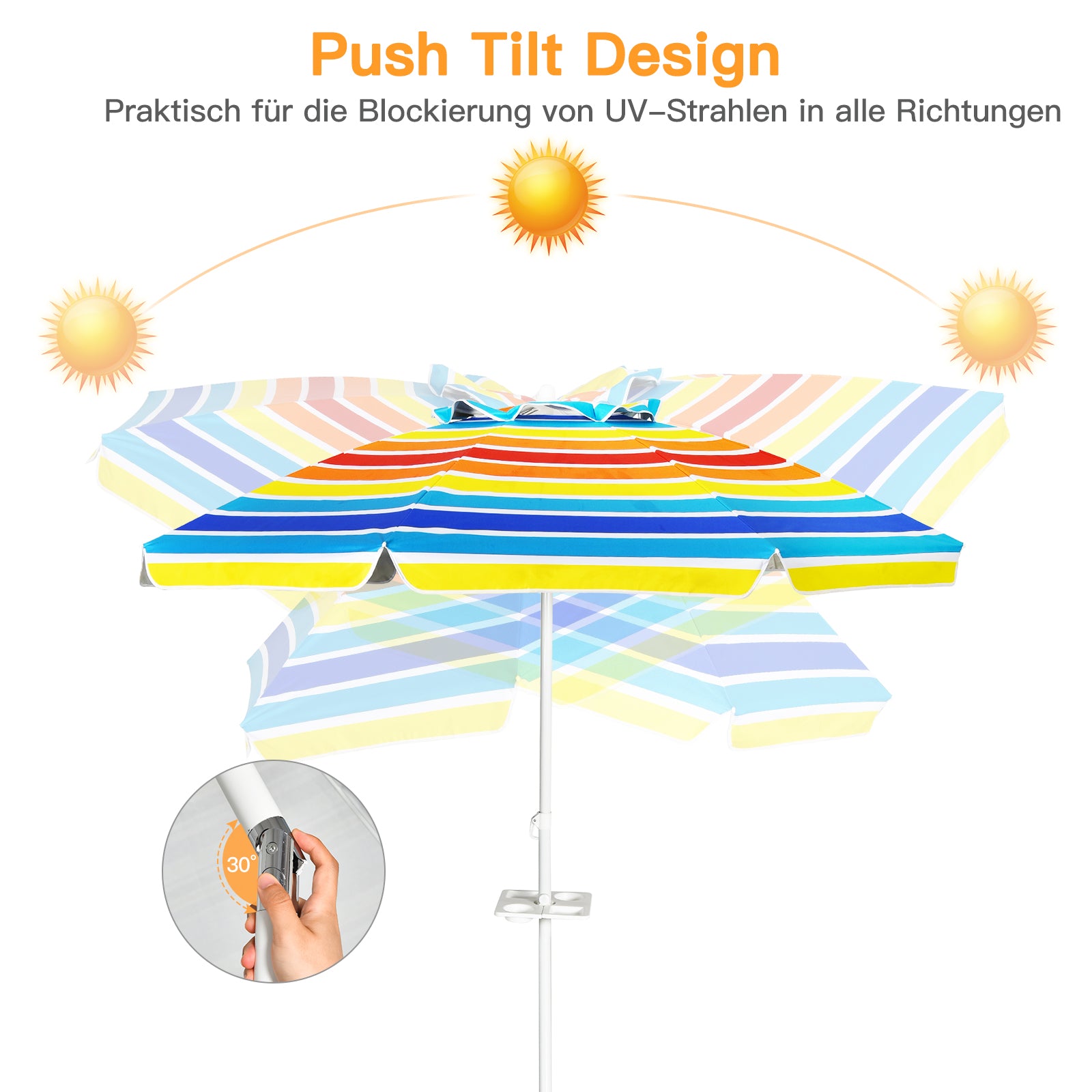 2,2 M Strandschirm UPF50 + Sonnenschutz Tragbarer Sonnenschirm Terrassenschirm-Bunt