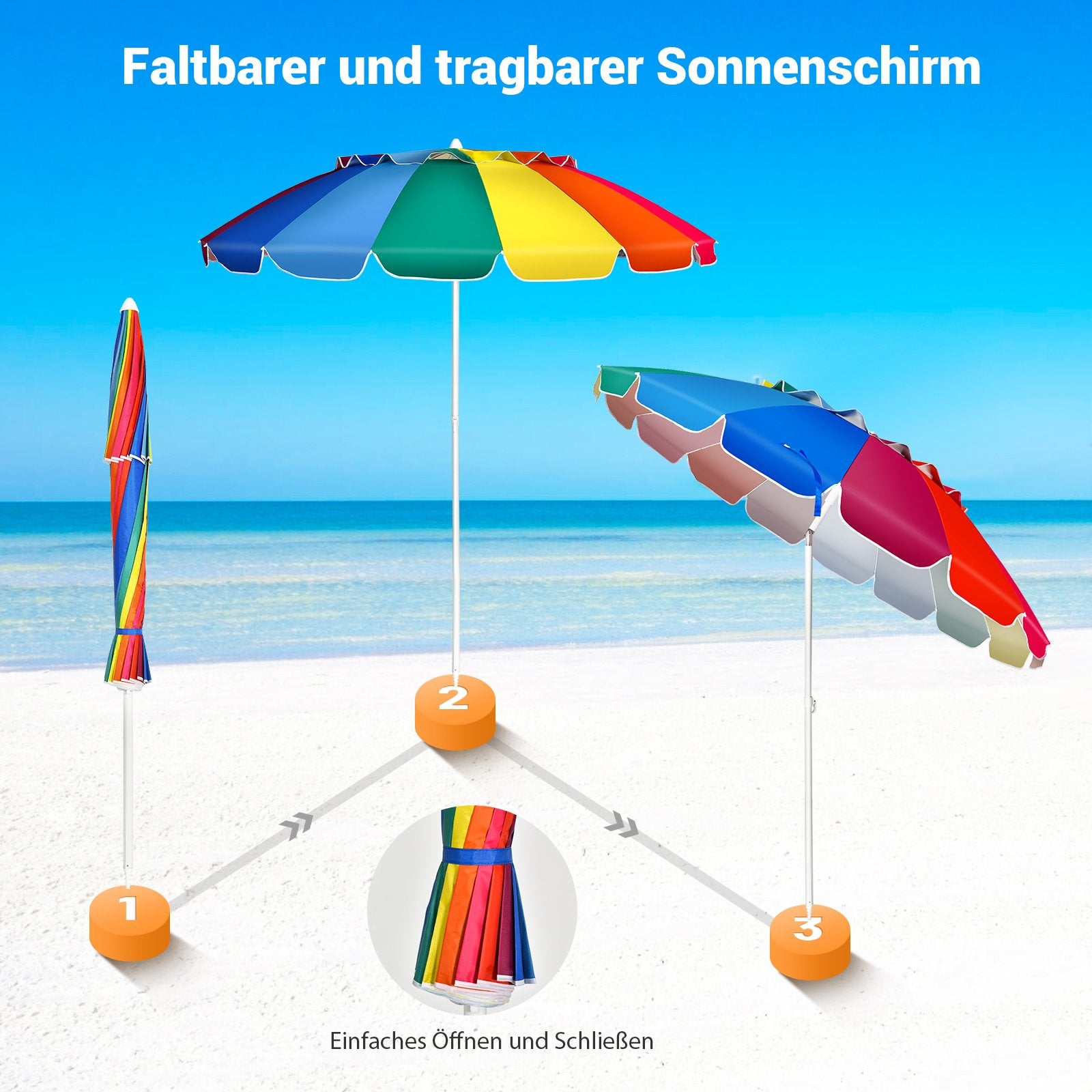 243cm Strand-Sonnenschirm Outdoor-Sonnenschirm Strandschirm Alu neigbar Terrassenschirm -Bunt