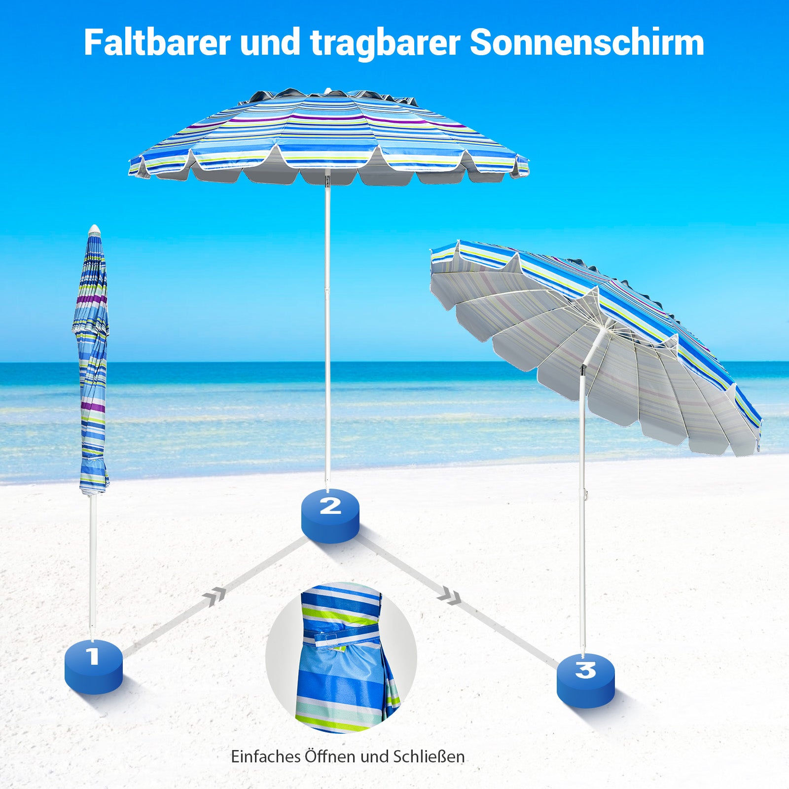 243cm Strand-Sonnenschirm Outdoor-Sonnenschirm Strandschirm Alu neigbar Terrassenschirm -Hellblau