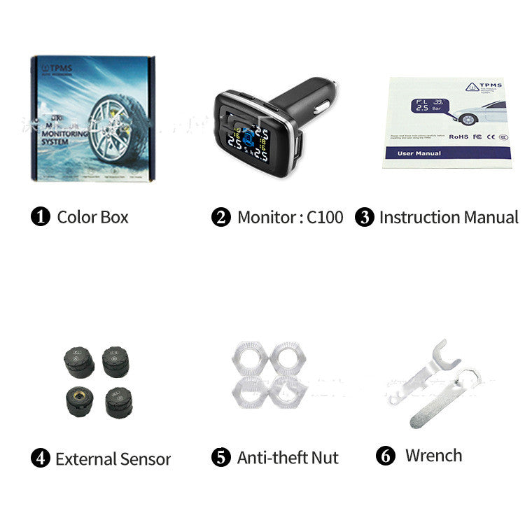 Reifendrucküberwachungssystem, Sensoren, Zigarettenanzünder, USB-Anschluss, automatische Sicherheitsalarmsysteme, Reifendruck