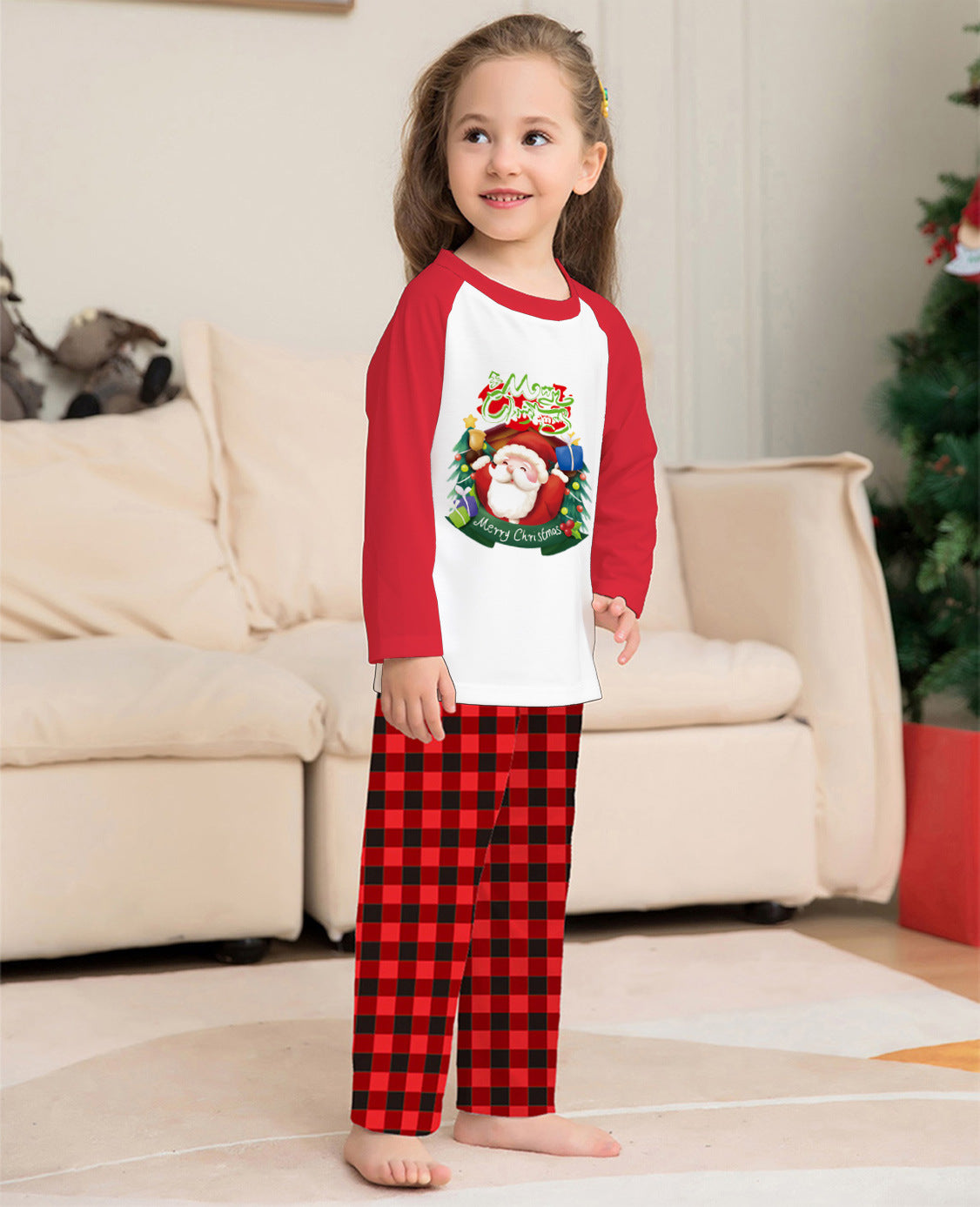 Weihnachts-Eltern-Kind-Kleidungsset, langärmeliges T-Shirt, karierte Hosen, passender Familien-Pyjama