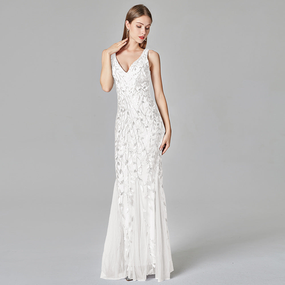 Sexy langes Kleid, ärmellos, V-Ausschnitt, bestickte Pailletten, schmales Meerjungfrauenkleid