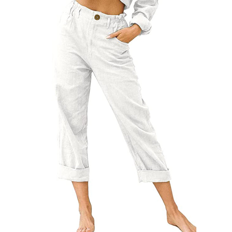 Patchwork-Hose für Damen, Baumwolle, Leinen, Kordelzug hinten, elastische Taille, lockere Freizeithose