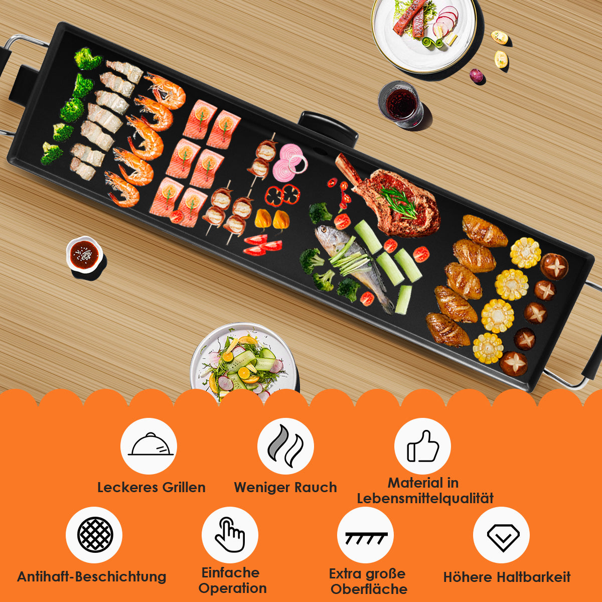 1800 W Elektrische Grillplatte Indoor BBQ Grill Verstellbare Temperatur 90 x 23 cm Schwarz