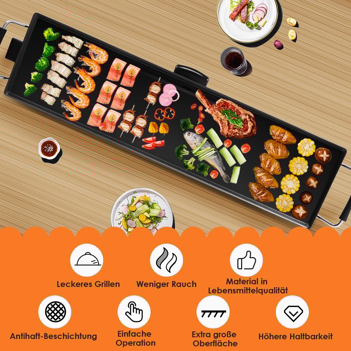 1800 W Elektrische Grillplatte Indoor BBQ Grill Verstellbare Temperatur 90 x 23 cm Schwarz