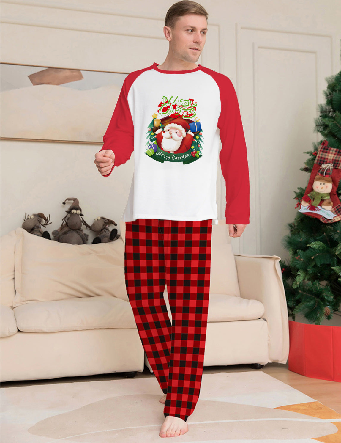 Weihnachts-Eltern-Kind-Kleidungsset, langärmeliges T-Shirt, karierte Hosen, passender Familien-Pyjama