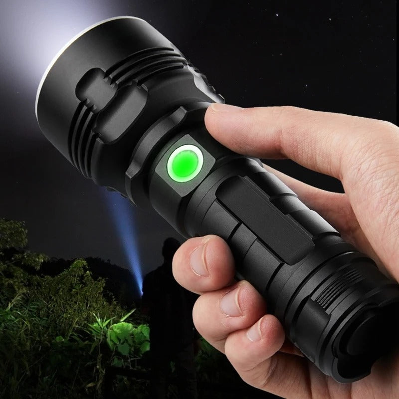 Starke Taschenlampe mit Fokussierung, LED-Blitzlicht, wiederaufladbar, superhelle LED-Xenon-Außenlampe