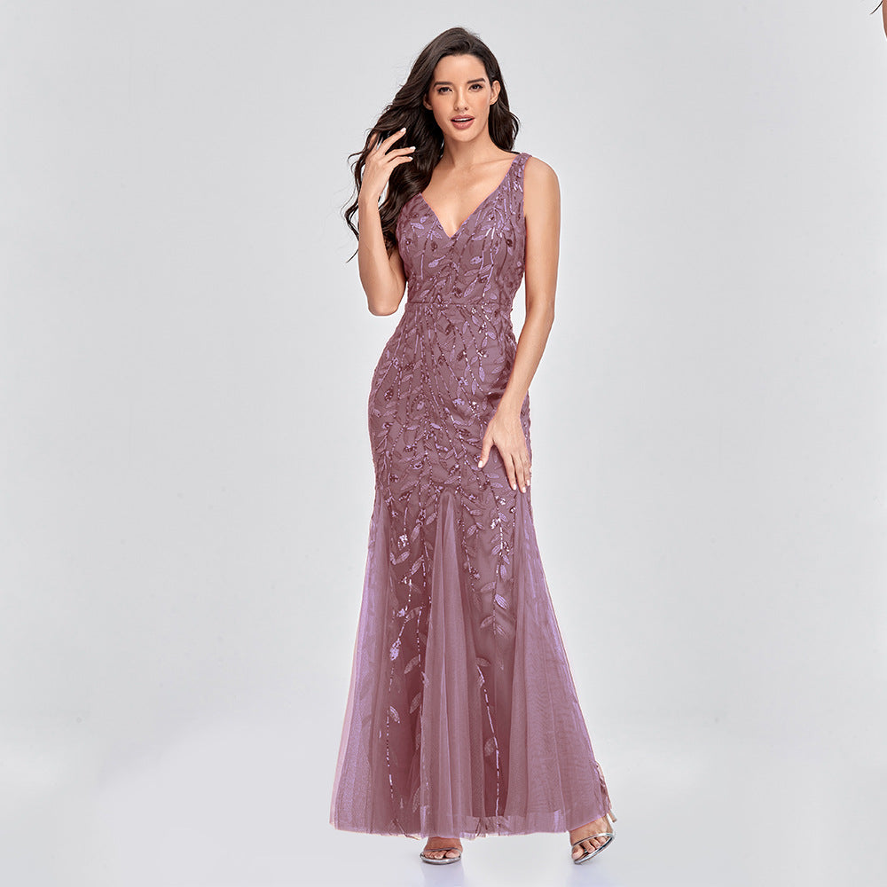 Sexy langes Kleid, ärmellos, V-Ausschnitt, bestickte Pailletten, schmales Meerjungfrauenkleid