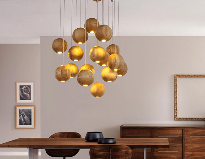 Nordic Holz Massivholz Kugel Kronleuchter kreative Persönlichkeit Wohnzimmer Esszimmer Hängelampen