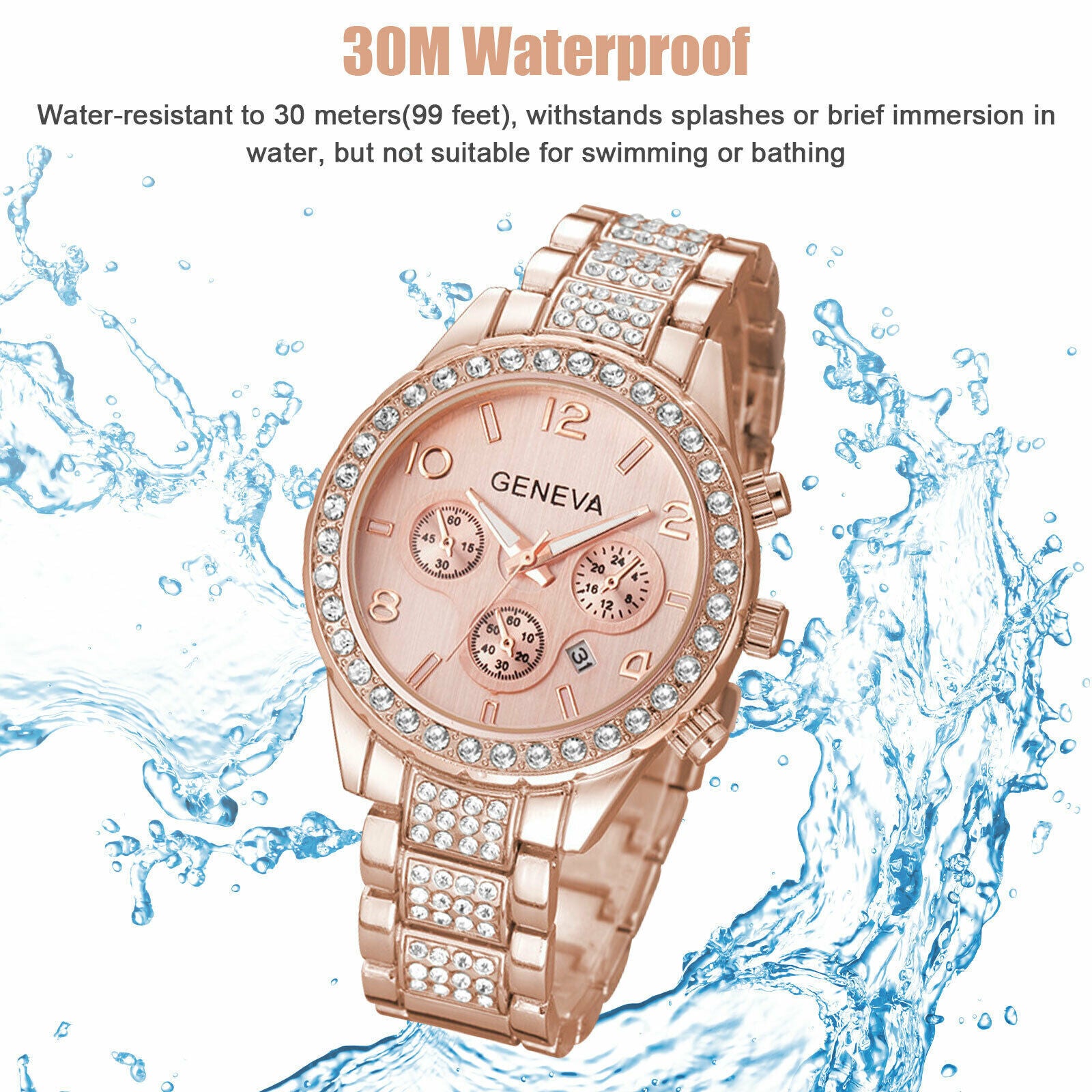 Wasserdichte Damen-Armbanduhr, luxuriös, klassisch, Edelstahl, Kristallquarz, rund