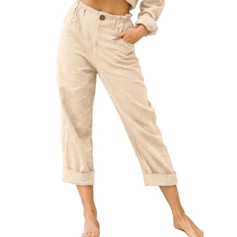 Patchwork-Hose für Damen, Baumwolle, Leinen, Kordelzug hinten, elastische Taille, lockere Freizeithose