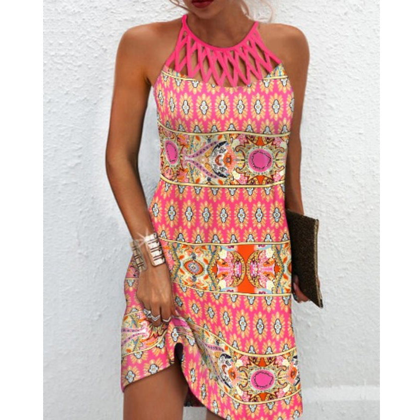 Modisches Print-Kleid, lässige Neckholder-Kleider für Damen, Sommerkleidung