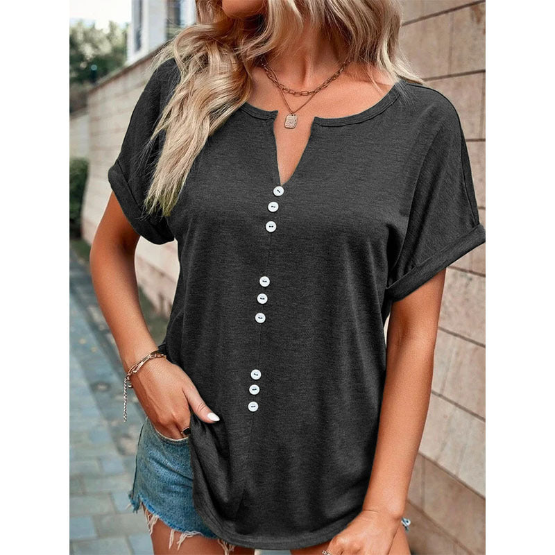 Kurzarm-Oberteil mit V-Ausschnitt, Sommer-Bluse mit Knopf-Design