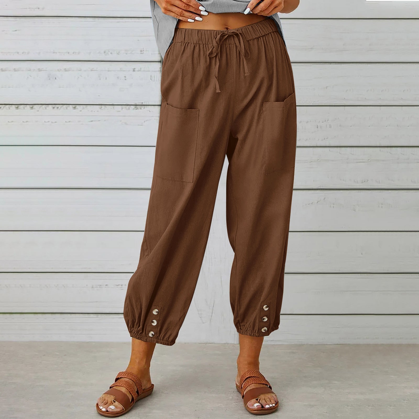 Damen-Hose mit Kordelzug, Krawatte, Frühling, Sommer, Baumwolle und Leinen, Hose mit Taschen und Knopf