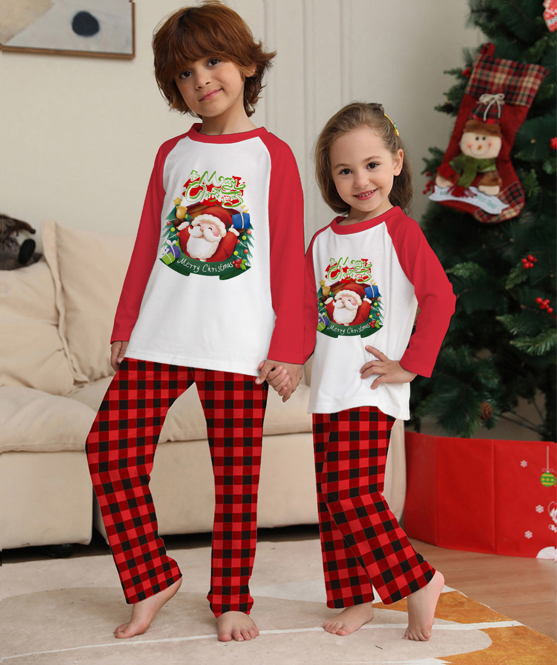 Weihnachts-Eltern-Kind-Kleidungsset, langärmeliges T-Shirt, karierte Hosen, passender Familien-Pyjama