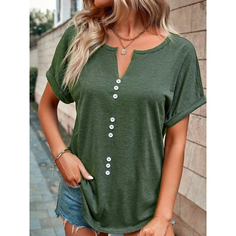 Kurzarm-Oberteil mit V-Ausschnitt, Sommer-Bluse mit Knopf-Design