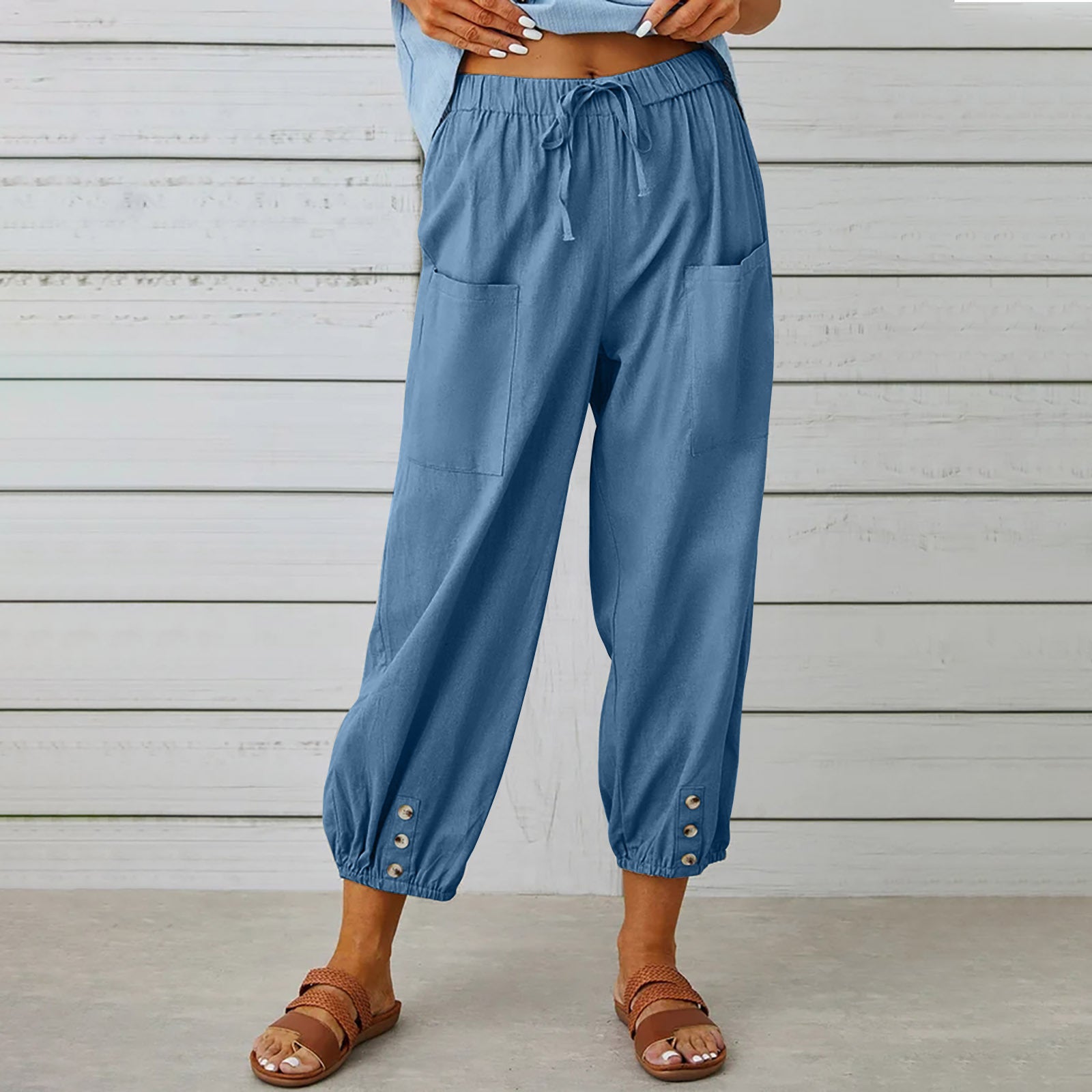 Damen-Hose mit Kordelzug, Krawatte, Frühling, Sommer, Baumwolle und Leinen, Hose mit Taschen und Knopf