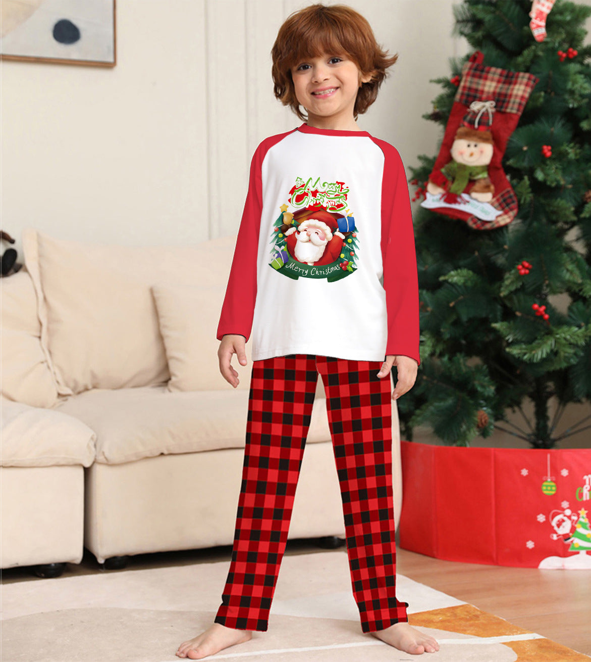 Weihnachts-Eltern-Kind-Kleidungsset, langärmeliges T-Shirt, karierte Hosen, passender Familien-Pyjama