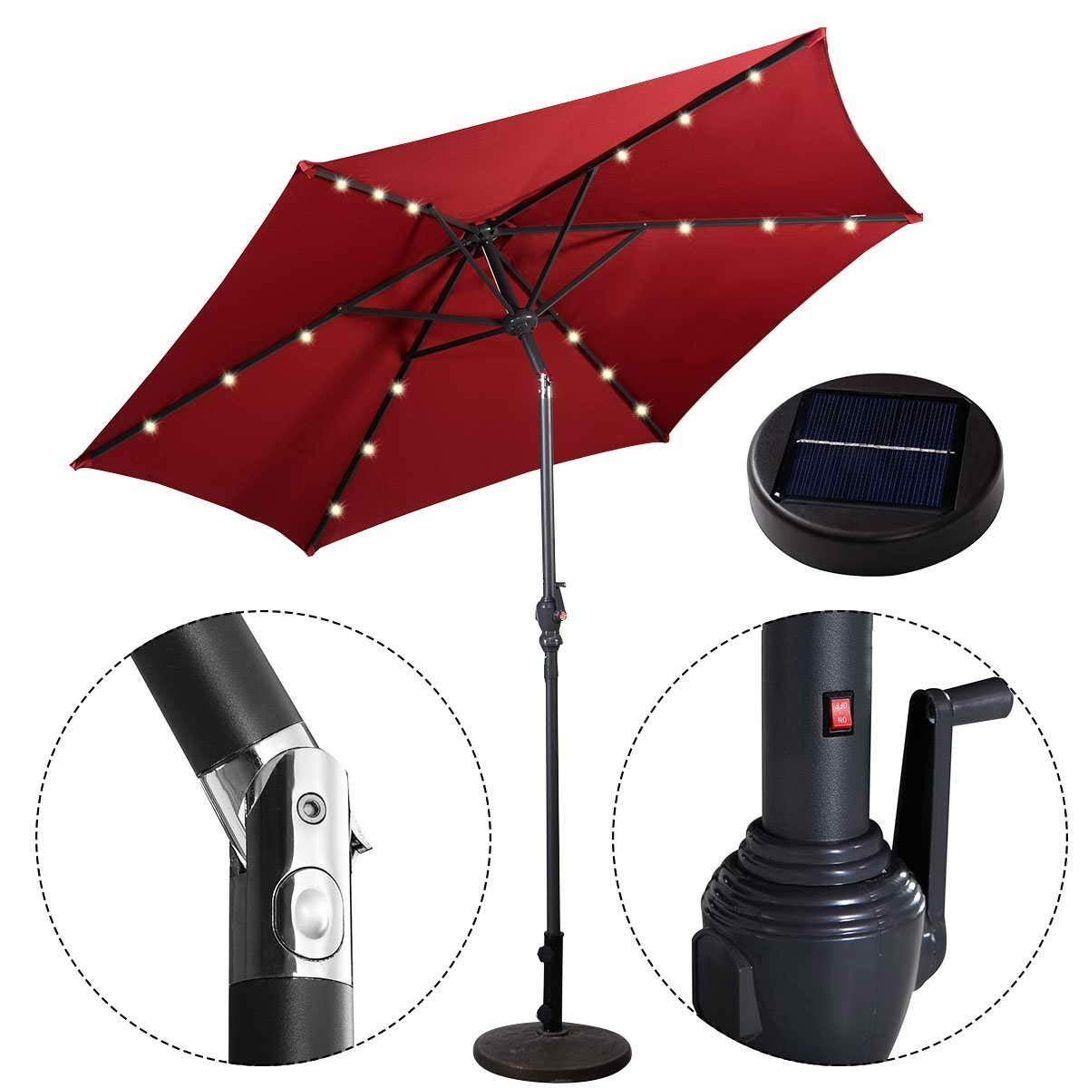 Sonnenschirm mit Solar- LED-Beleuchtung Ampelschirm Gartenschirm Kurbelschirm 2,7M- rot
