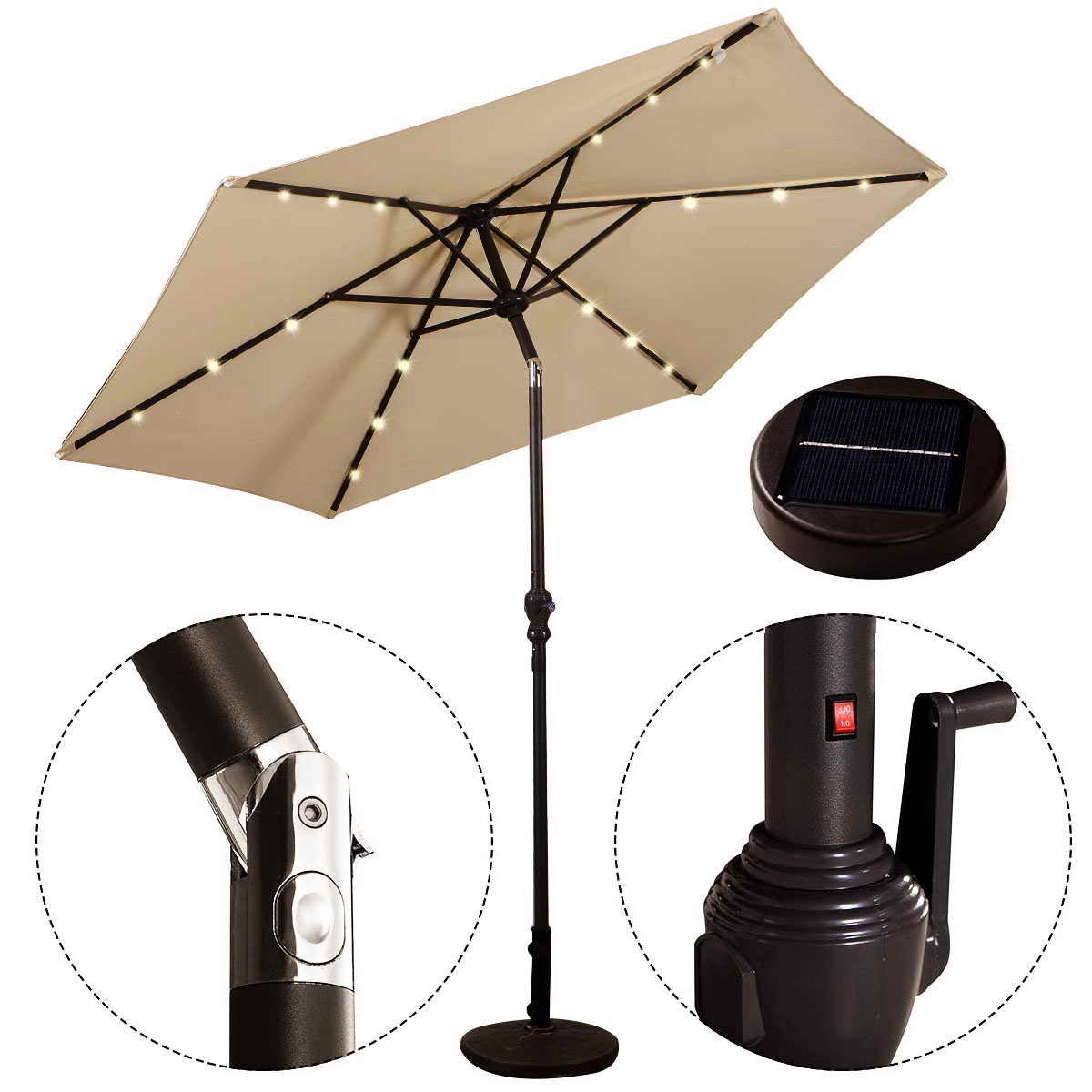 Sonnenschirm mit Solar- LED-Beleuchtung Ampelschirm Gartenschirm Kurbelschirm 2,7M-beige