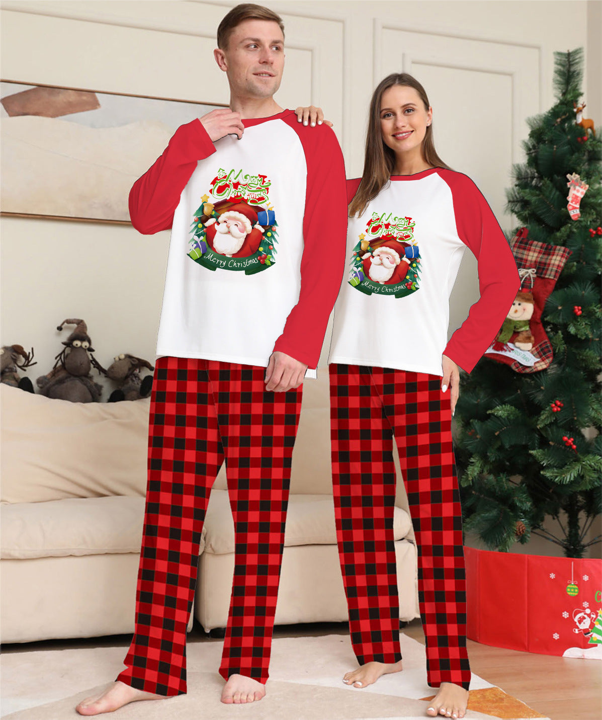 Weihnachts-Eltern-Kind-Kleidungsset, langärmeliges T-Shirt, karierte Hosen, passender Familien-Pyjama