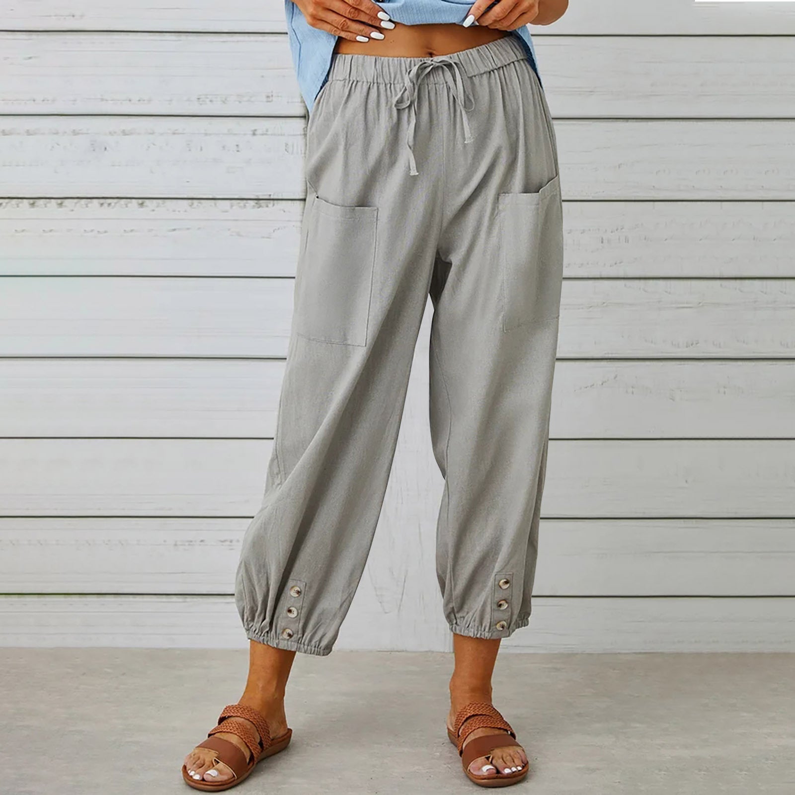 Damen-Hose mit Kordelzug, Krawatte, Frühling, Sommer, Baumwolle und Leinen, Hose mit Taschen und Knopf