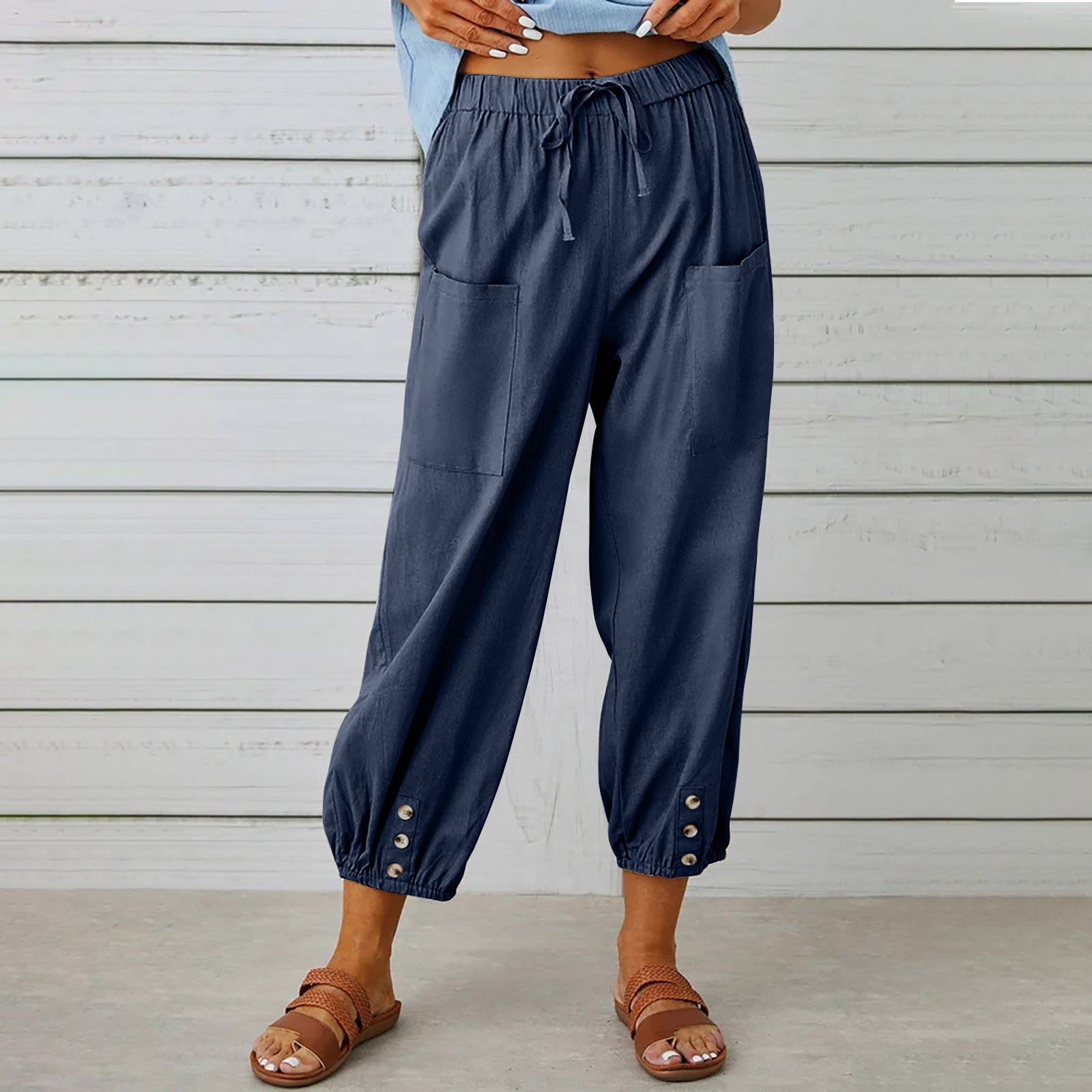 Damen-Hose mit Kordelzug, Krawatte, Frühling, Sommer, Baumwolle und Leinen, Hose mit Taschen und Knopf