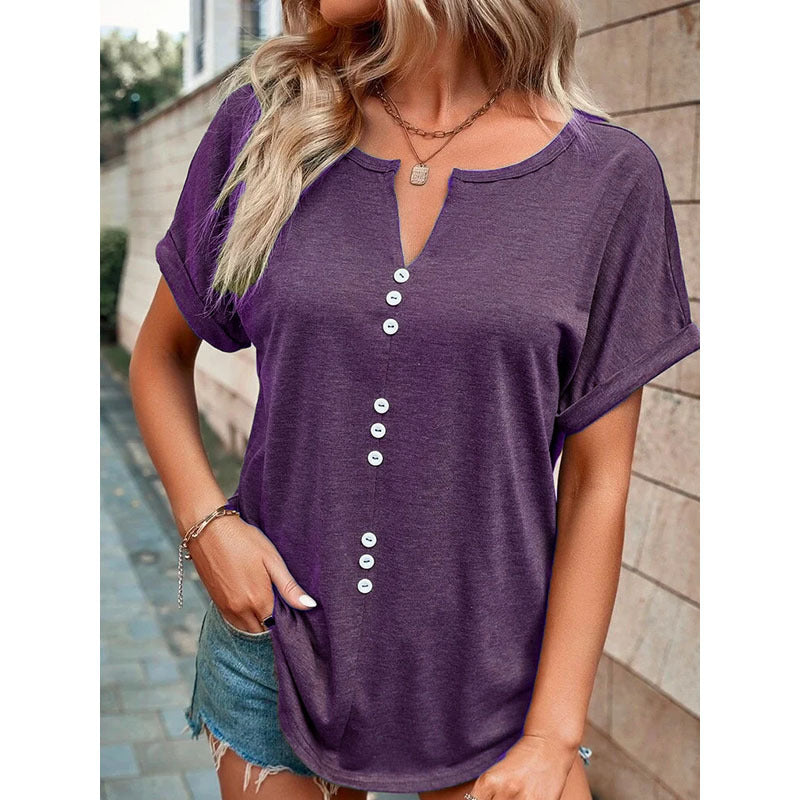Kurzarm-Oberteil mit V-Ausschnitt, Sommer-Bluse mit Knopf-Design