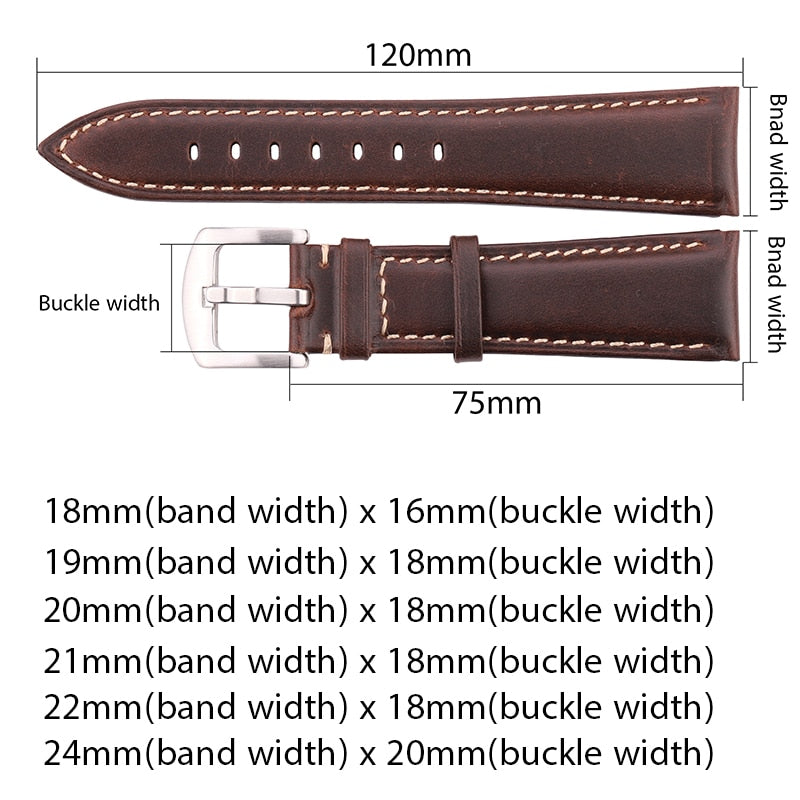 Ölwachs-Rindsleder-Uhrenarmband für Damen und Herren, Schwarz, Braun, glattes Echtleder-Armband, 18, 19, 20, 21, 22, 24 mm