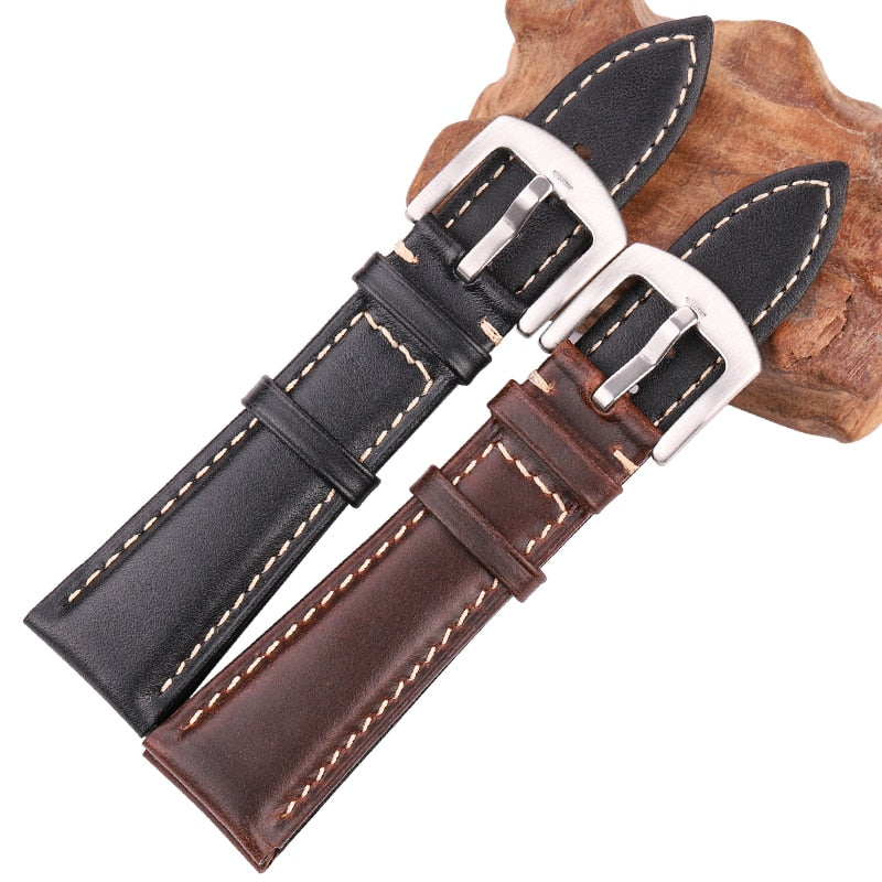 Ölwachs-Rindsleder-Uhrenarmband für Damen und Herren, Schwarz, Braun, glattes Echtleder-Armband, 18, 19, 20, 21, 22, 24 mm