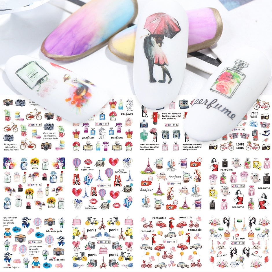 12pcs Valentines Manicure Love Letter Flower Sliders for Nails Inscriptions Nail Art Decoration Water Sticker Tips GLBN1489-1500