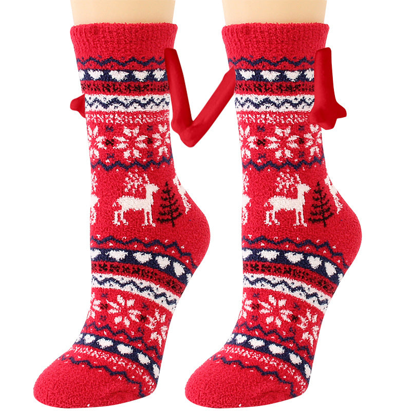 Weihnachtszubehör, magnetischer Saug-Hand-in-Hand-Paar-Socken, Korallen-Fleece-Röhrensocken, warme Hausschuhe, Bettsocken, Winter-weiche, warme Hausschuhe
