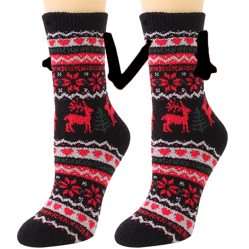 Weihnachtszubehör, magnetischer Saug-Hand-in-Hand-Paar-Socken, Korallen-Fleece-Röhrensocken, warme Hausschuhe, Bettsocken, Winter-weiche, warme Hausschuhe