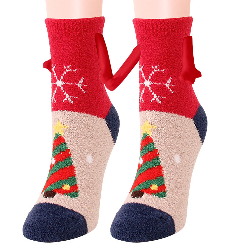 Weihnachtszubehör, magnetischer Saug-Hand-in-Hand-Paar-Socken, Korallen-Fleece-Röhrensocken, warme Hausschuhe, Bettsocken, Winter-weiche, warme Hausschuhe