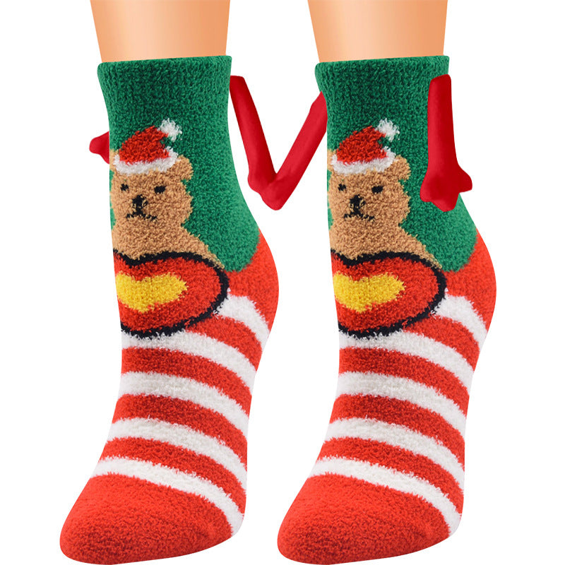 Weihnachtszubehör, magnetischer Saug-Hand-in-Hand-Paar-Socken, Korallen-Fleece-Röhrensocken, warme Hausschuhe, Bettsocken, Winter-weiche, warme Hausschuhe