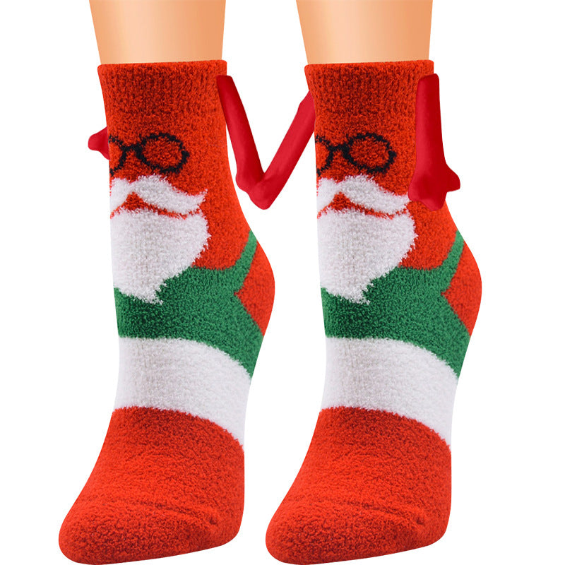 Weihnachtszubehör, magnetischer Saug-Hand-in-Hand-Paar-Socken, Korallen-Fleece-Röhrensocken, warme Hausschuhe, Bettsocken, Winter-weiche, warme Hausschuhe