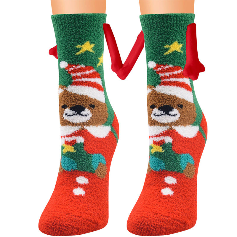 Weihnachtszubehör, magnetischer Saug-Hand-in-Hand-Paar-Socken, Korallen-Fleece-Röhrensocken, warme Hausschuhe, Bettsocken, Winter-weiche, warme Hausschuhe