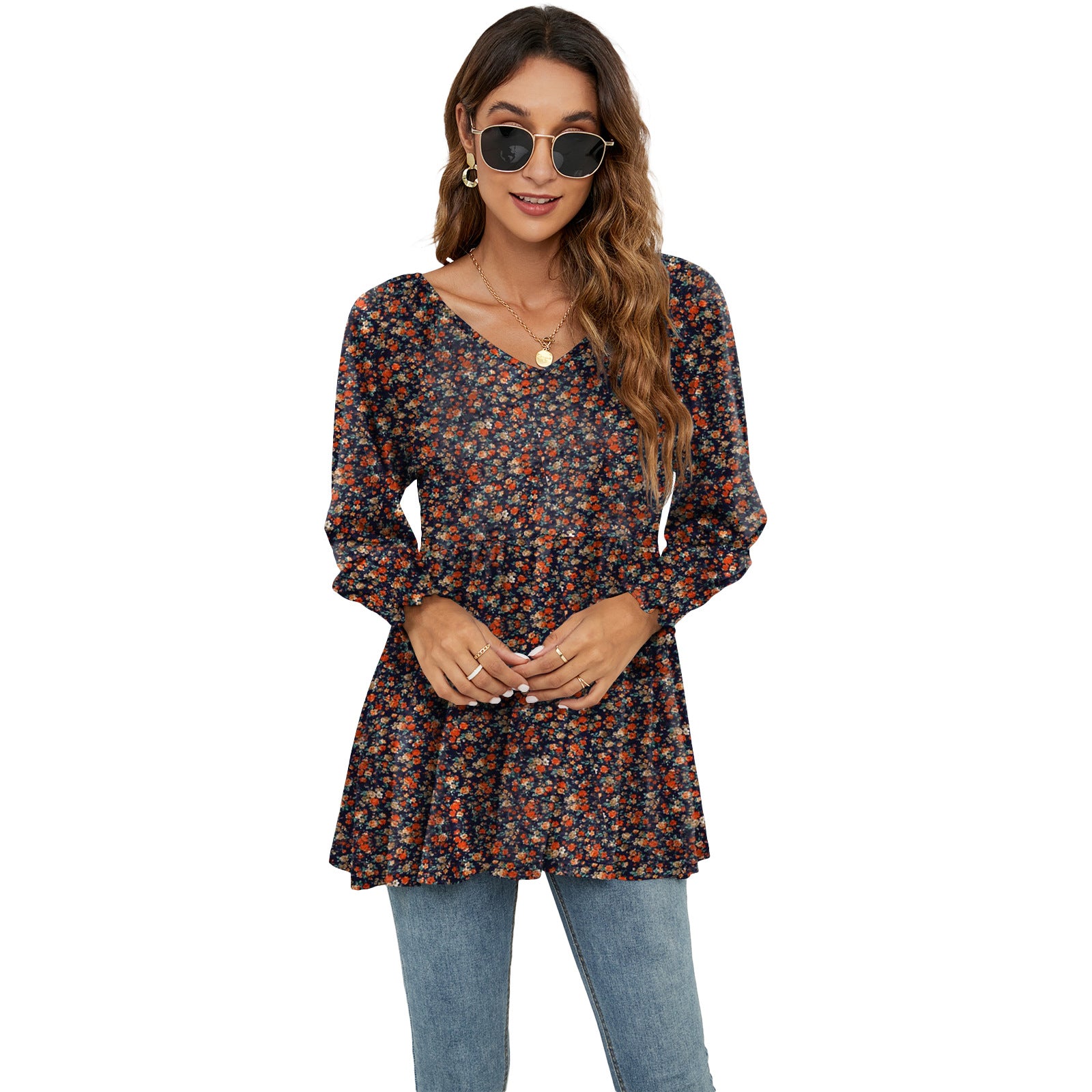 Women's Fashion Casual Printing Bubble Long Sleeve Waist Top