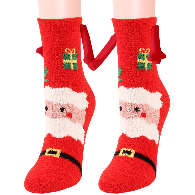 Weihnachtszubehör, magnetischer Saug-Hand-in-Hand-Paar-Socken, Korallen-Fleece-Röhrensocken, warme Hausschuhe, Bettsocken, Winter-weiche, warme Hausschuhe