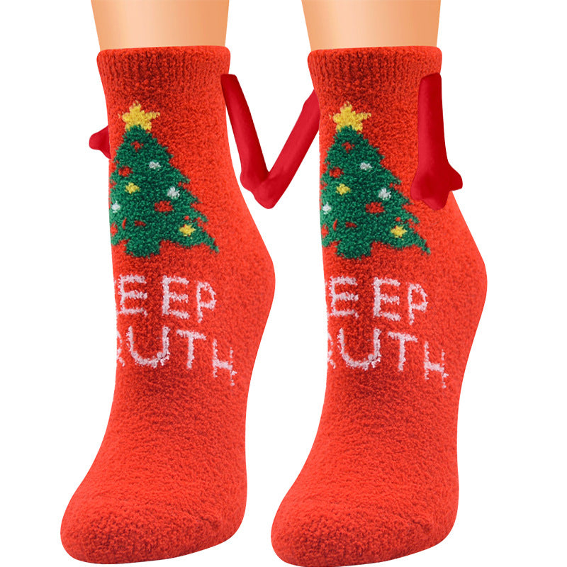 Weihnachtszubehör, magnetischer Saug-Hand-in-Hand-Paar-Socken, Korallen-Fleece-Röhrensocken, warme Hausschuhe, Bettsocken, Winter-weiche, warme Hausschuhe