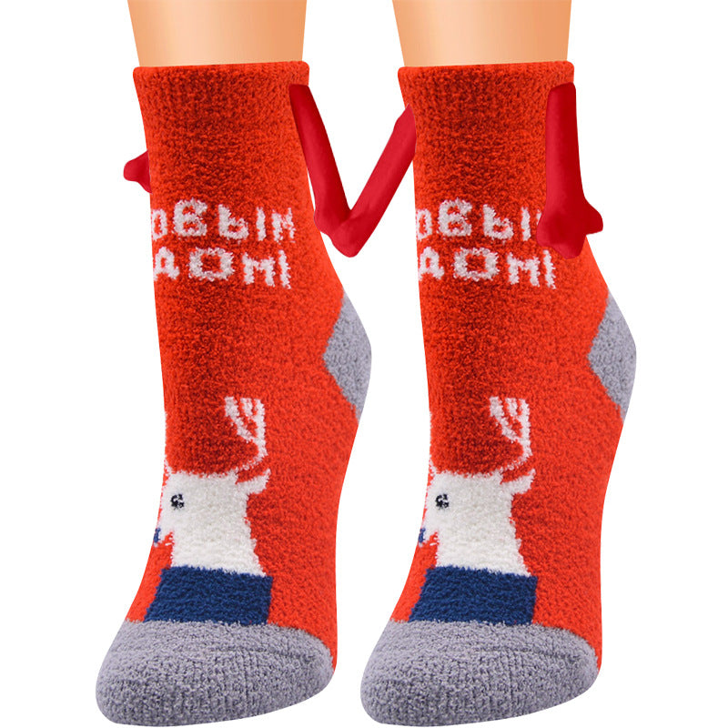 Weihnachtszubehör, magnetischer Saug-Hand-in-Hand-Paar-Socken, Korallen-Fleece-Röhrensocken, warme Hausschuhe, Bettsocken, Winter-weiche, warme Hausschuhe
