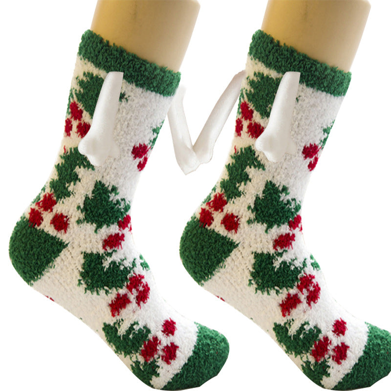 Weihnachtszubehör, magnetischer Saug-Hand-in-Hand-Paar-Socken, Korallen-Fleece-Röhrensocken, warme Hausschuhe, Bettsocken, Winter-weiche, warme Hausschuhe